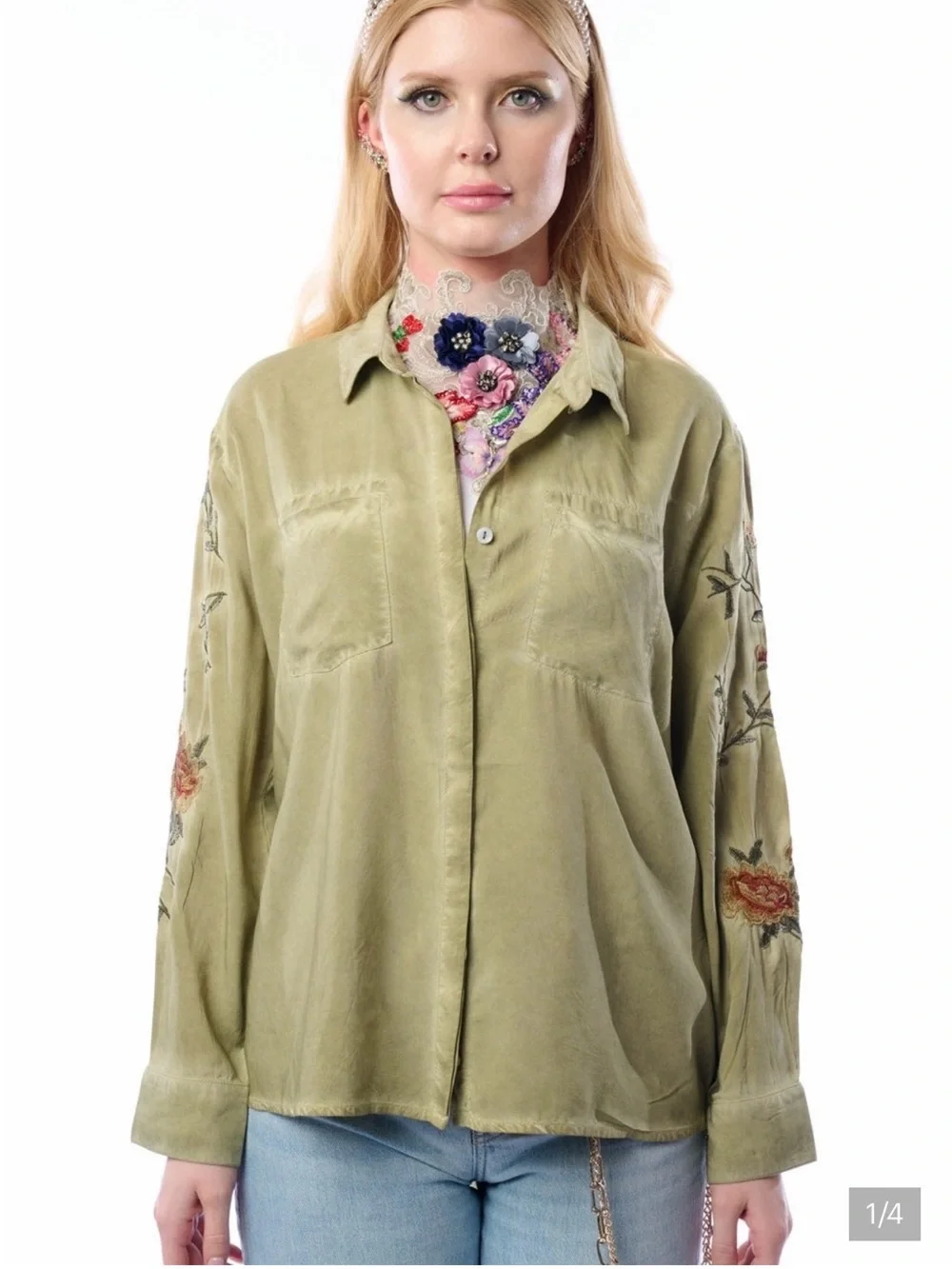 ARATTA Oversized Kate Shirt Embroidered Button Down Small Olive Distressed NWT - Picture 2 of 12